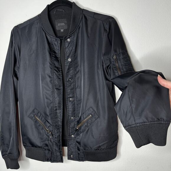 Guess Black Front Snap Bomber Jacket Zip Front & Sleeve Pockets XS - Picture 1 of 10